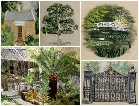 Various sections of a wall hanging depicting parts of the Royal Tasmanian Botanical Gardens