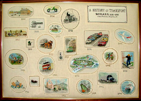 An embroidered depiction of transport in Tasmania throughout time